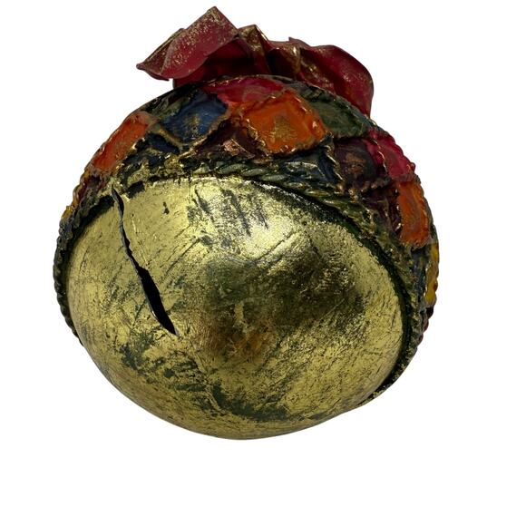 Vintage Harlequin Paper Mache Christmas Ornament Ball with Red Bow - Picture 5 of 6